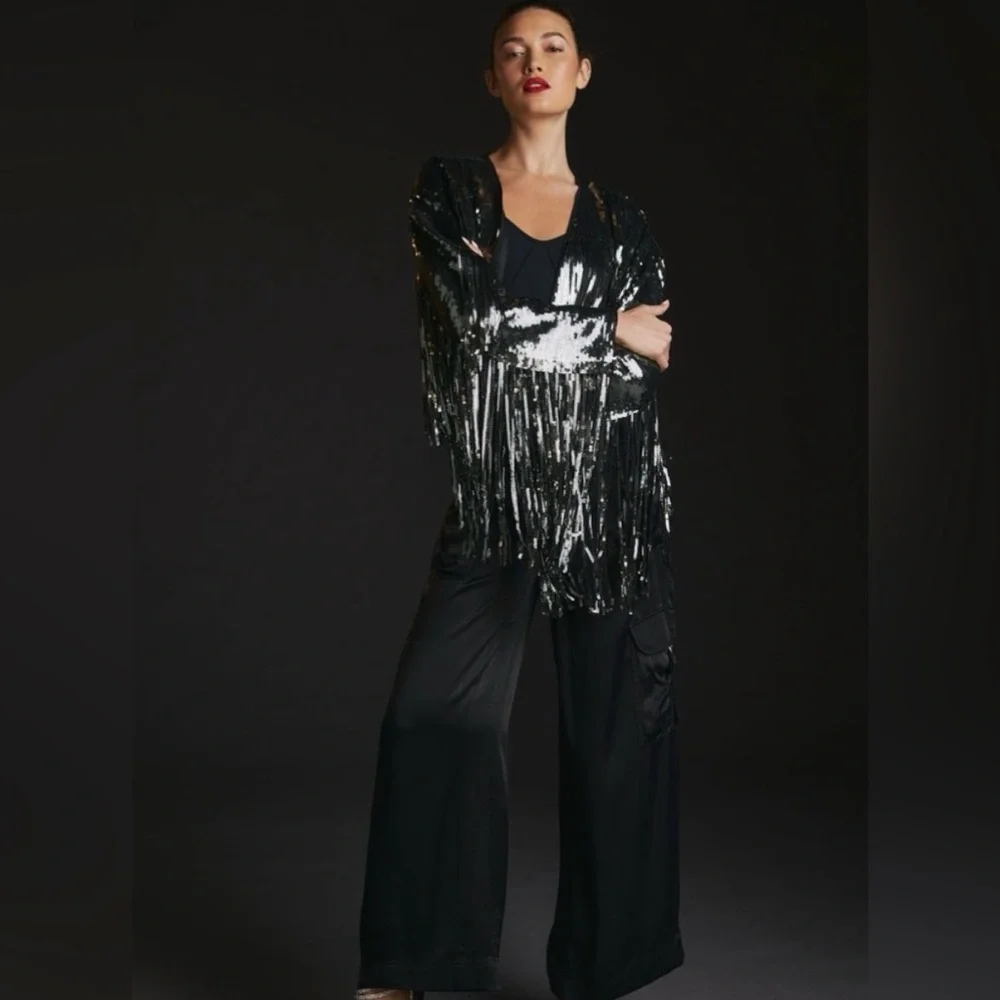 By Anthropologie Green Silver Black Sequin Fringed Jacket Large EUC Rare - Picture 6 of 10